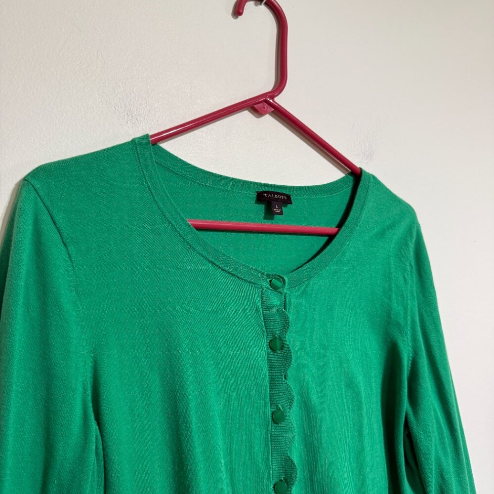 Like New Talbots Cotton Green Scalloped 3/4 Sleeve Cardigan, Large - Picture 2 of 4